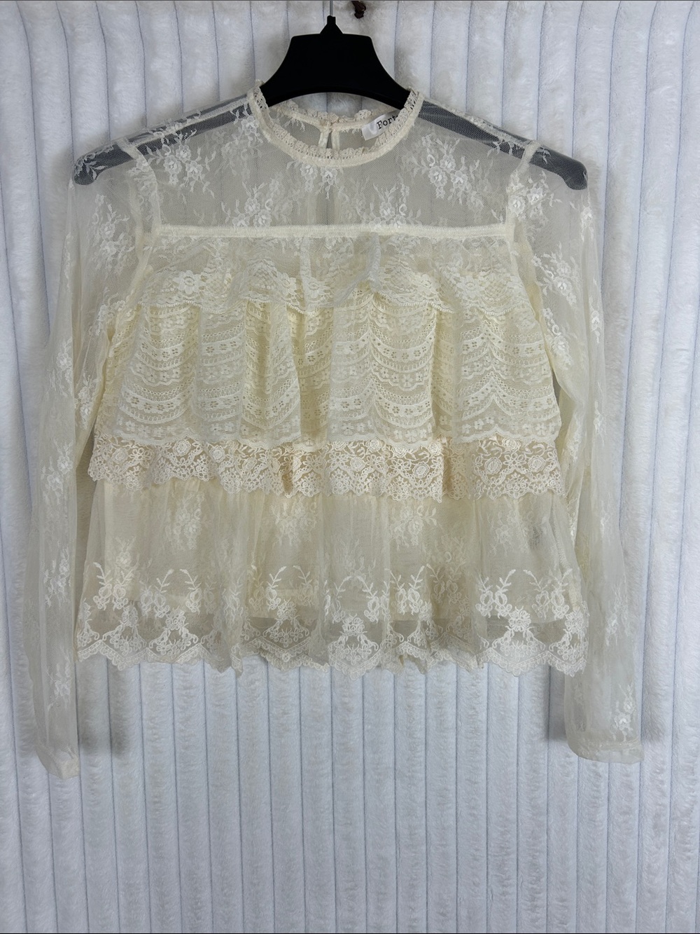 Forte Cream Lace Ruffle lace sheer Blouse small romantic, Victorian chic